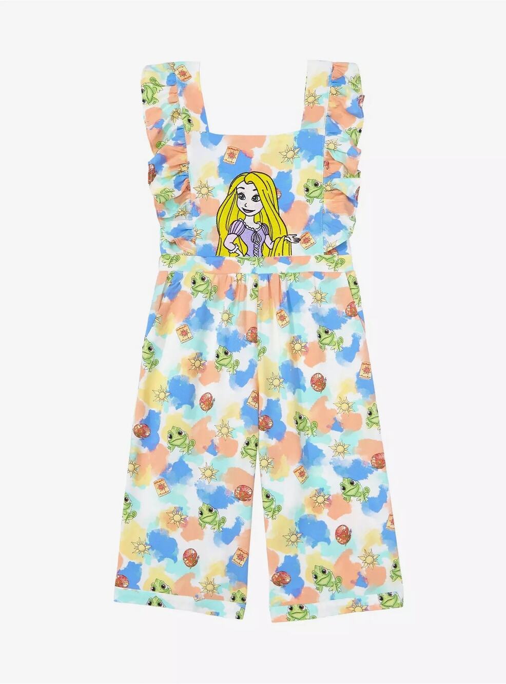 Disney x BoxLunch Tangled Rapunzel Watercolor Print Ruffle Romper Jumpsuit